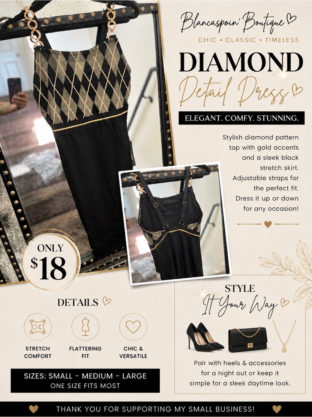 Haute Monde Black and Gold Diamond Detail Midi Dress